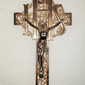 Vintage INRI IHS Gold Toned Filigree Crucifix Wall Mount Christian Decor